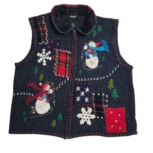 Winter Sweater Vest Studio Joy Women's XL Blue Snowman Full Zip Art to Wear